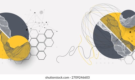 Fondo Abstractas del marco de alambre. Elementos de arte de ciencia o tecnología moderna. Ilustración de superficie dentro de círculos