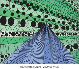 Abstract wireframe background. Vector illustration mountain landscape. Different black shapes and lines. Blue and green colors.
