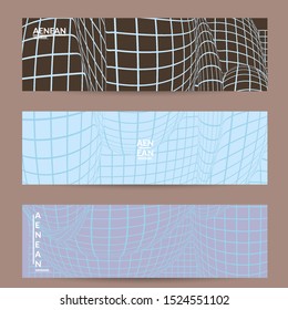 Abstract wireframe banner template with visual distortion effect. Optical art background. Warped 3D space. Futuristic vector illustration with grid on flat colored background