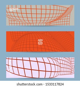 Abstract wireframe banner template with visual distortion effect. Optical art background. Warped 3D space. Futuristic vector illustration with grid on flat colored background