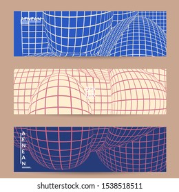 Abstract wireframe banner template with visual distortion effect. Optical art background. Warped 3D space. Futuristic vector illustration with grid on flat colored background