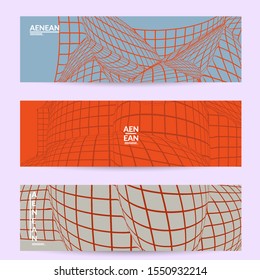 Abstract wireframe banner template with visual distortion effect. Optical art background. Warped 3D space. Futuristic vector illustration with grid on flat colored background