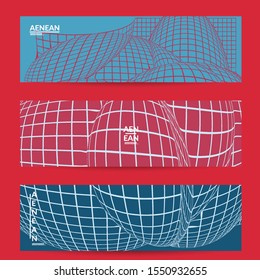 Abstract wireframe banner template with visual distortion effect. Optical art background. Warped 3D space. Futuristic vector illustration with grid on flat colored background