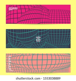 Abstract wireframe banner template with visual distortion effect. Optical art background. Warped 3D space. Futuristic vector illustration with grid on flat colored background