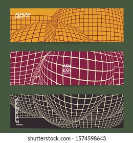 Abstract wireframe banner template with visual distortion effect. Optical art background. Warped 3D space. Futuristic vector illustration with grid on flat colored background