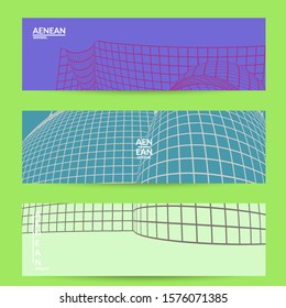 Abstract wireframe banner template with visual distortion effect. Optical art background. Warped 3D space. Futuristic vector illustration with grid on flat colored background