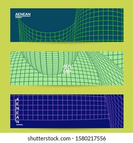 Abstract wireframe banner template with visual distortion effect. Optical art background. Warped 3D space. Futuristic vector illustration with grid on flat colored background