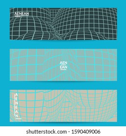 Abstract wireframe banner template with visual distortion effect. Optical art background. Warped 3D space. Futuristic vector illustration with grid on flat colored background