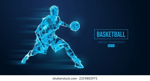 Abstract wireframe basketball player man from triangles and particles on blue background in action, isolated. Vector illustration