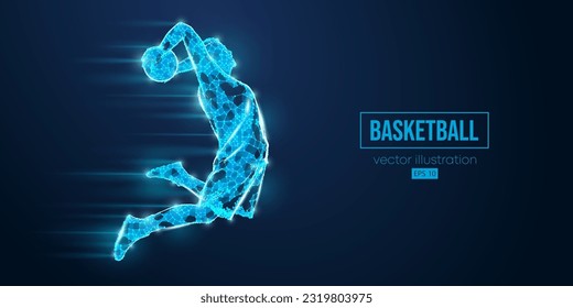 Abstract wireframe basketball player man from triangles and particles on blue background in action, isolated. Vector illustration