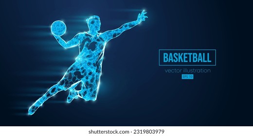 Abstract wireframe basketball player man from triangles and particles on blue background in action, isolated. Vector illustration