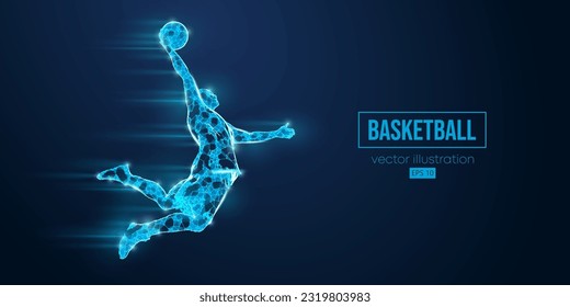 Resumen del jugador de basquetbol con wireframe hombre de triángulos y partículas sobre fondo azul en acción, aislado. Ilustración del vector