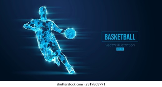 Abstract wireframe basketball player man from triangles and particles on blue background in action, isolated. Vector illustration