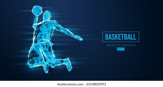 Resumen del jugador de basquetbol con wireframe hombre de triángulos y partículas sobre fondo azul en acción, aislado. Ilustración del vector