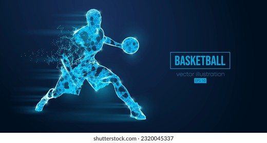 Abstract wireframe basketball player man from triangles and particles on blue background in action, isolated. Vector illustration