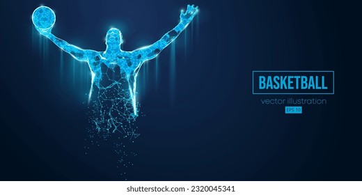 Abstract wireframe basketball player man from triangles and particles on blue background in action, isolated. Vector illustration