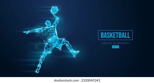 Abstract wireframe basketball player man from triangles and particles on blue background in action, isolated. Vector illustration