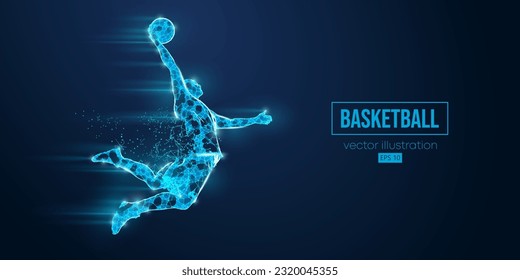 Resumen del jugador de basquetbol con wireframe hombre de triángulos y partículas sobre fondo azul en acción, aislado. Ilustración del vector