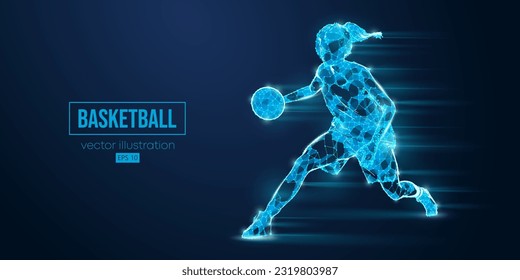 Abstract wireframe basketball player woman from triangles and particles on blue background in action, isolated. Vector illustration