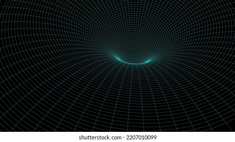 Abstract wireframe blue tunnel. Vector wormhole. 3D portal. Futuristic fantasy funnel.