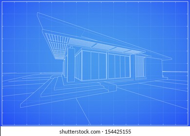 Abstract wireframe blueprint of 3D building - Vector illustration