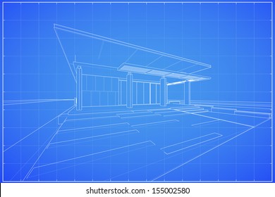 Abstract wireframe blueprint of 3D building - Vector illustration