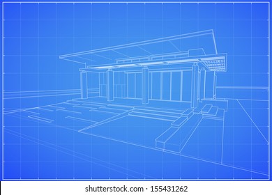 Abstract wireframe blueprint of 3D building - Vector illustration