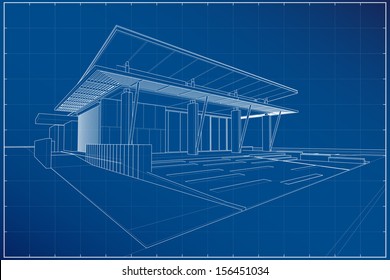 Abstract wireframe blueprint of 3D building - Vector illustration