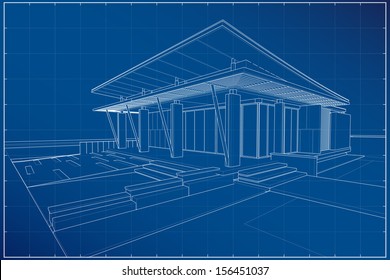 Abstract Wireframe Blueprint Of 3D Building - Vector Illustration