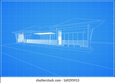 Abstract wireframe blueprint of 3D building - Vector illustration