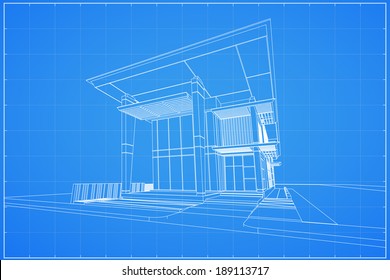 Abstract wireframe blueprint of 3D building - Vector illustration