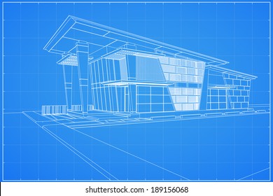 Abstract wireframe blueprint of 3D building - Vector illustration