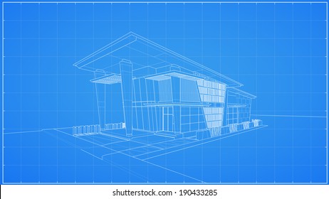 Abstract wireframe blueprint of 3D building - Vector illustration