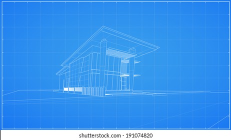 Abstract wireframe blueprint of 3D building - Vector illustration
