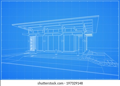 Abstract wireframe blueprint of 3D building - Vector illustration