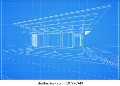 Abstract wireframe blueprint of 3D building - Vector illustration