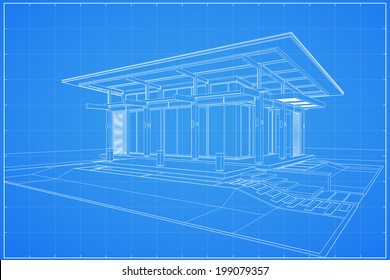 Abstract wireframe blueprint of 3D building - Vector illustration