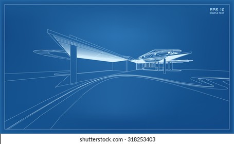 Abstract wireframe blueprint of 3D building