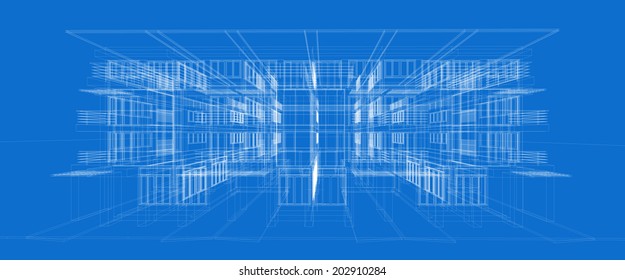 Abstract wireframe building. 3d render 