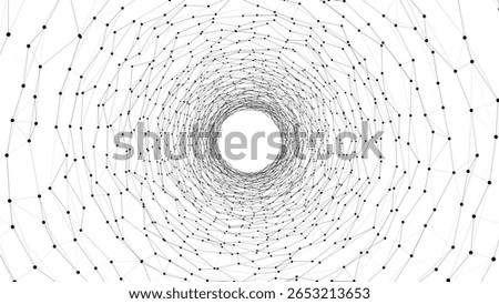 Abstract wireframe circular tunnel. Vector white wormhole. 3D portal grid. Futuristic fantasy funnel.