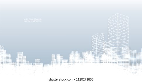 Abstract wireframe city background. Perspective 3D render of building wireframe. Vector illustration.