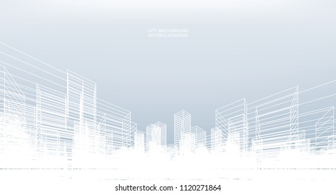 Abstract wireframe city background. Perspective 3D render of building wireframe. Vector illustration.