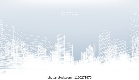 Fondo de la ciudad del modelo de alambre abstracto. Representación 3D de la estructura del alambre de la construcción. Ilustración vectorial.