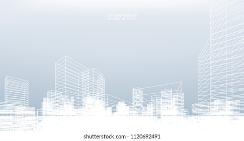 Abstract wireframe city background. Perspective 3D render of building wireframe. Vector illustration.