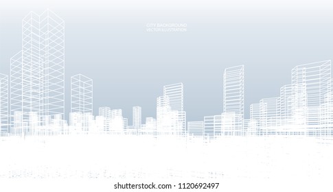 Abstract wireframe city background. Perspective 3D render of building wireframe. Vector illustration.