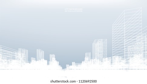 Abstract wireframe city background. Perspective 3D render of building wireframe. Vector illustration.