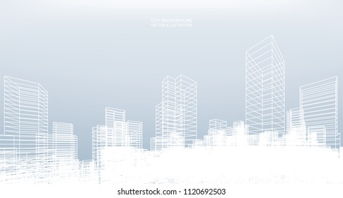Abstract wireframe city background. Perspective 3D render of building wireframe. Vector illustration.
