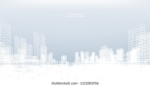 Abstract wireframe city background. Perspective 3D render of building wireframe. Vector illustration. - Shutterstock ID 1121001956