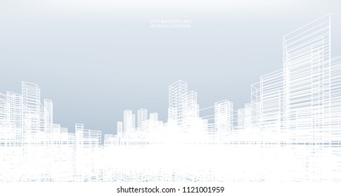 Abstract wireframe city background. Perspective 3D render of building wireframe. Vector illustration.