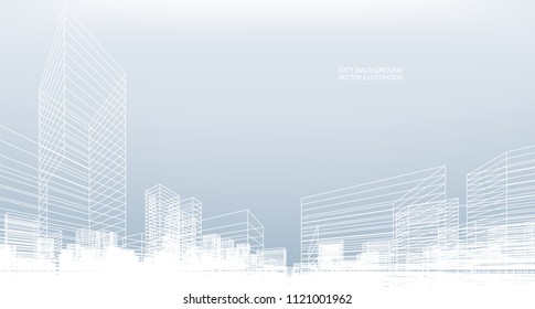 Abstract wireframe city background. Perspective 3D render of building wireframe. Vector illustration.